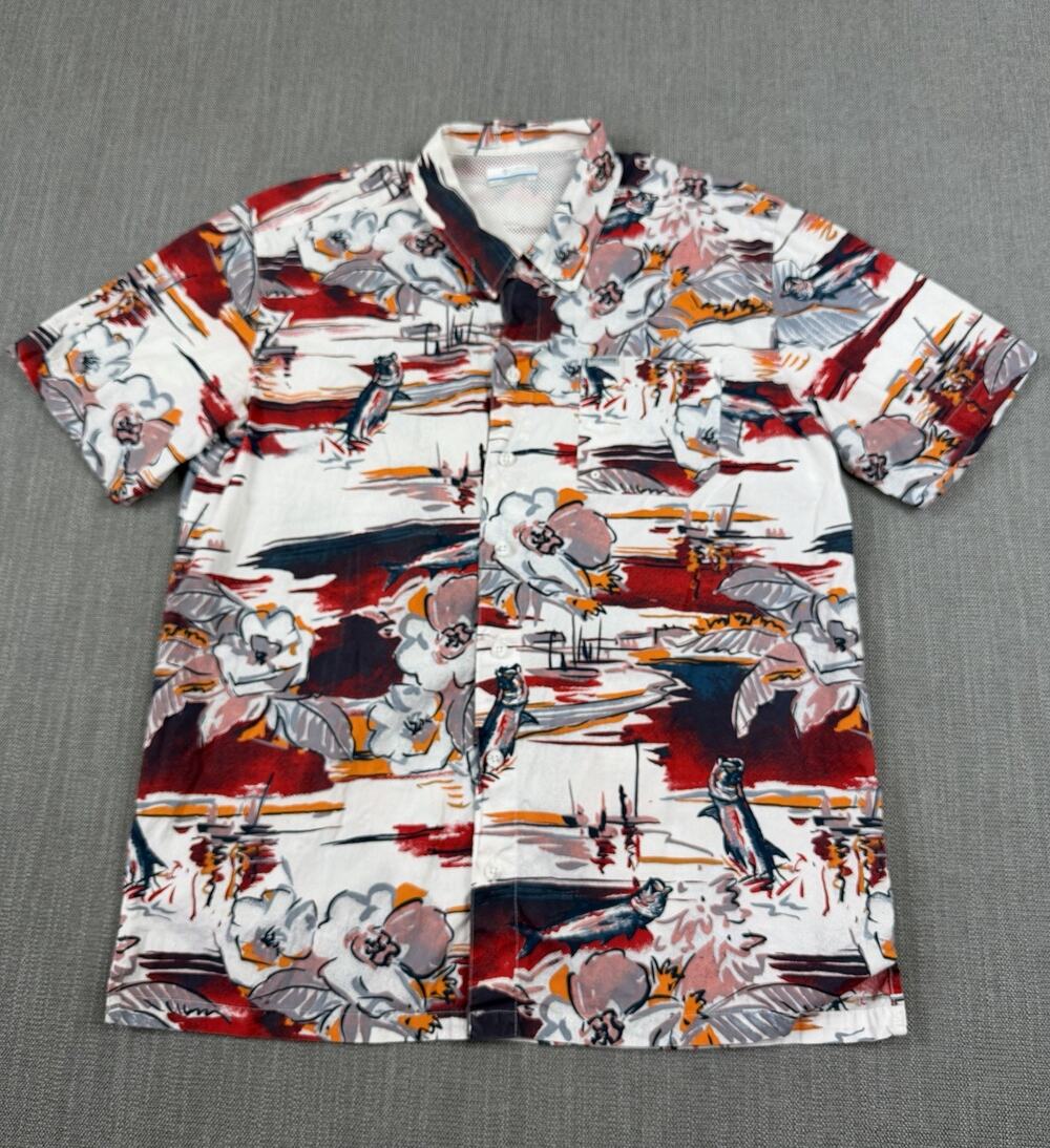 Columbia PFG Button Front Fishing Shirt Men’s Medium White Floral Short Sleeve